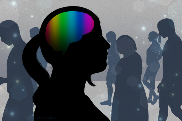 a silhouette of a woman with a ponytail turned to the right while a crowd of silhouetted people walk to the left in the background. Her silhouette includes an image of her brain in muted rainbow colors